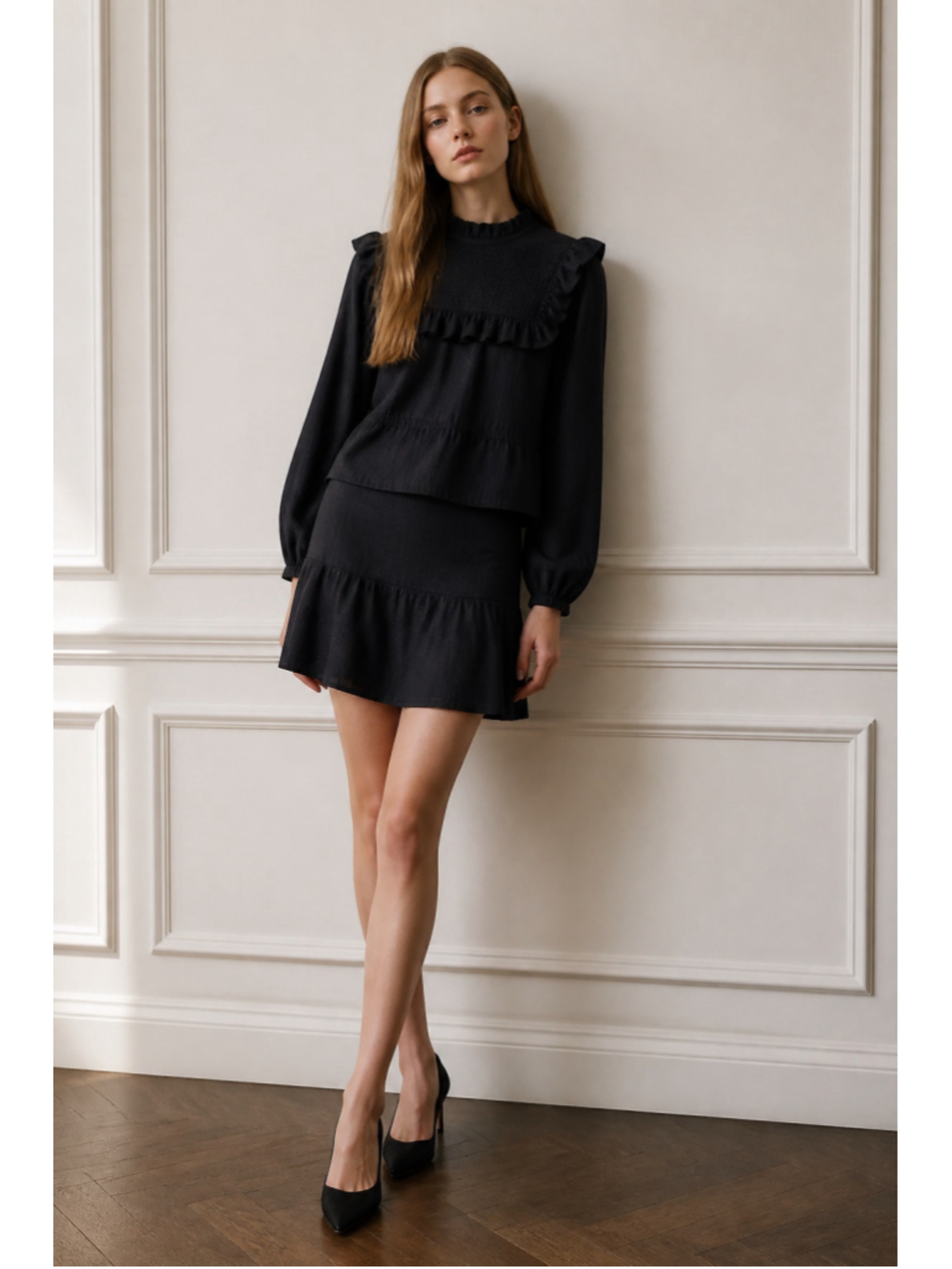 ASTR The Label Black Ruffled Smocked Blouse Size M